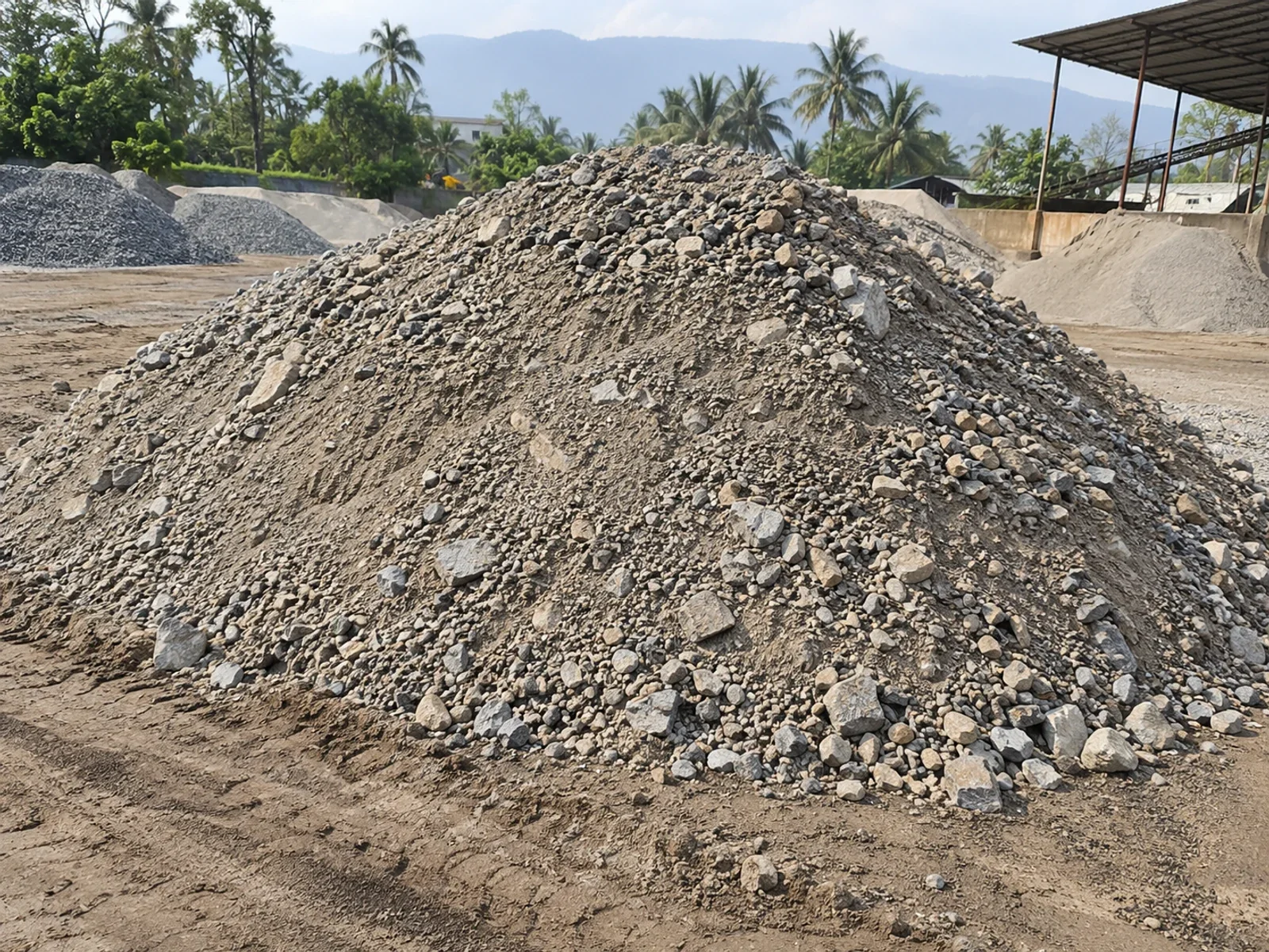 Granular sub-base material pile with crushed stone and sandy fines.