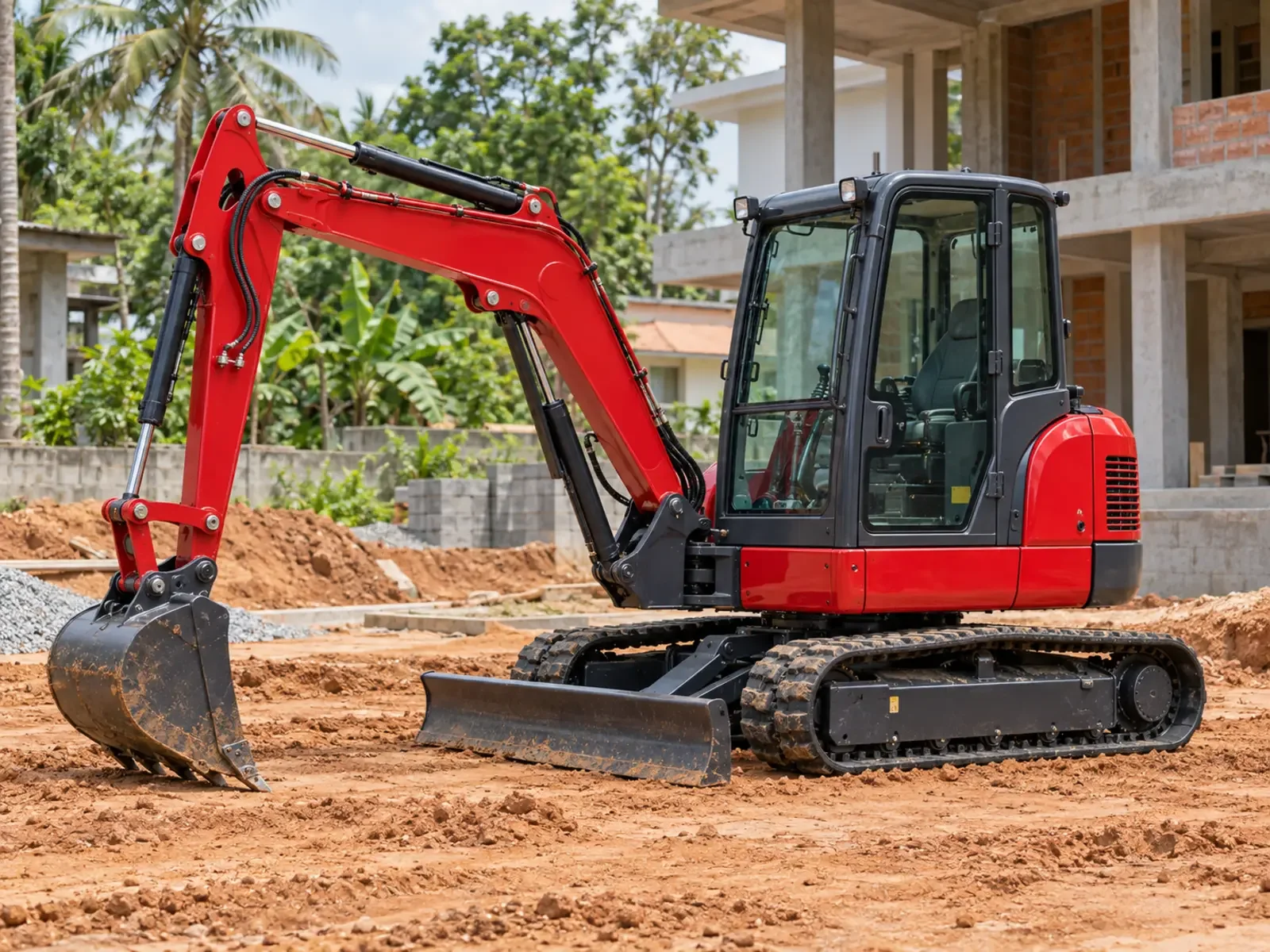 Complete red compact excavator prepared for residential excavation and earthmoving work.