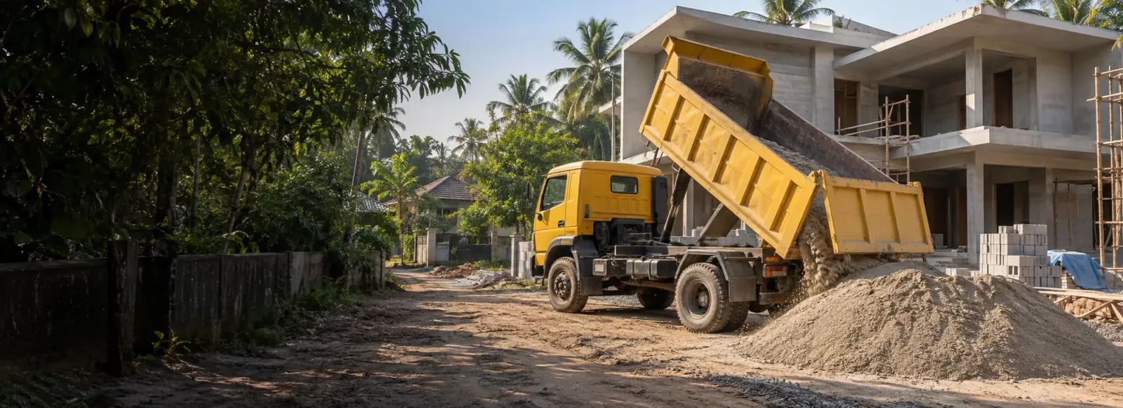 Construction material delivery truck beside an active residential building site.