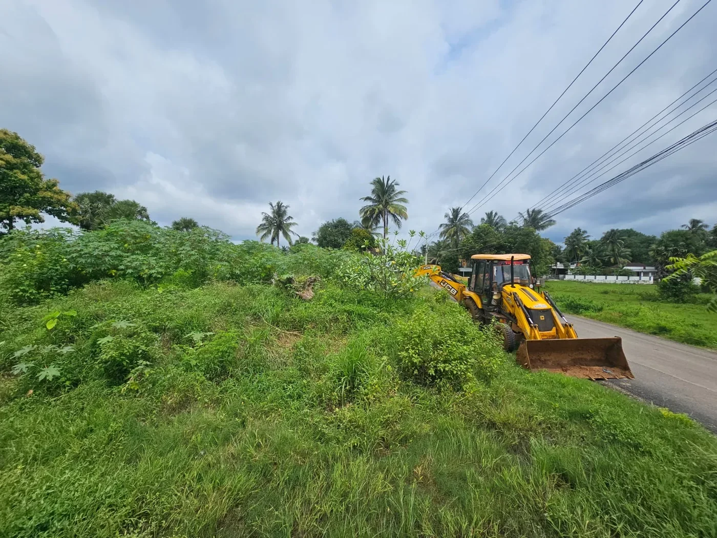 Backhoe loader working beside an overgrown plot during land clearing.